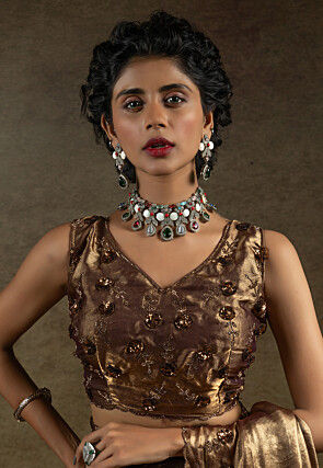 Embroidered Tissue Shimmer Scalloped Saree in Copper