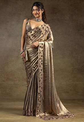 Embroidered Tissue Shimmer Scalloped Saree in Golden