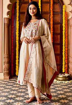 Embroidered Tissue Silk A Line Suit in Cream