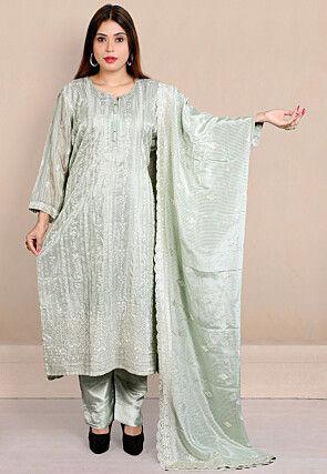 Embroidered Tissue Silk Abaya Style Suit in Dusty Green