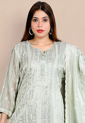 Embroidered Tissue Silk Abaya Style Suit in Dusty Green