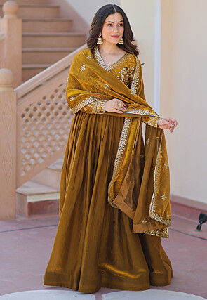 Embroidered Tissue Silk Abaya Style Suit in Olive Green