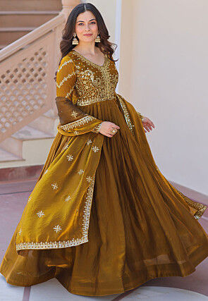 Embroidered Tissue Silk Abaya Style Suit in Olive Green