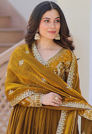 Embroidered Tissue Silk Abaya Style Suit in Olive Green