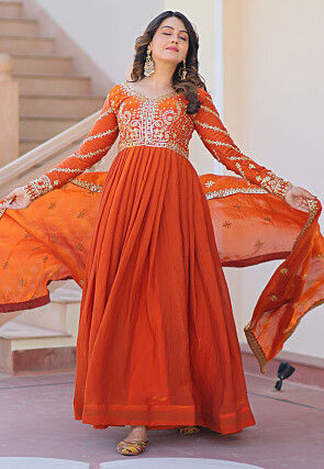 Embroidered Tissue Silk Abaya Style Suit in Orange