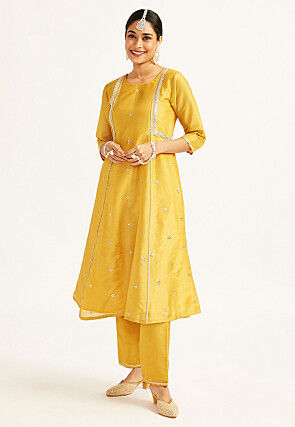 Embroidered Tissue Silk A Line Suit in Mustard