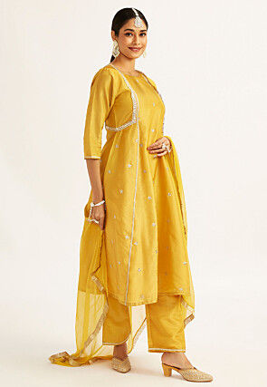 Embroidered Tissue Silk A Line Suit in Mustard