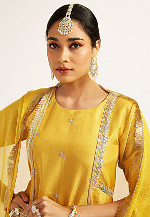Embroidered Tissue Silk A Line Suit in Mustard