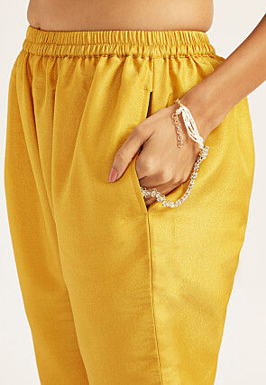 Embroidered Tissue Silk A Line Suit in Mustard