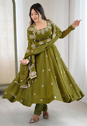 olive green indian dress Olive Green Colored Zari Sequins Embroidered Georgette Indian Lehenga Dress Designs