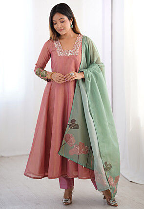 Embroidered Tissue Silk Anarkali Suit in Peach