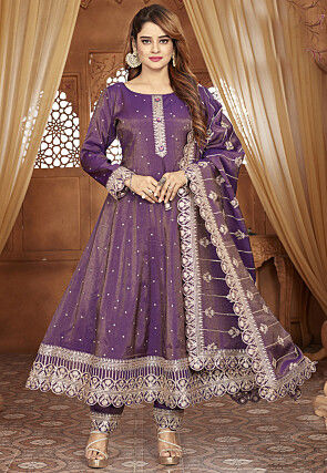 Embroidered Tissue Silk Anarkali Suit in Purple