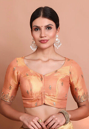 Embroidered Tissue Silk Blouse in Peach