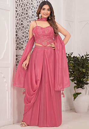 Embroidered Tissue Silk Crop Top Set in Pink