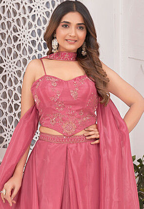 Embroidered Tissue Silk Crop Top Set in Pink