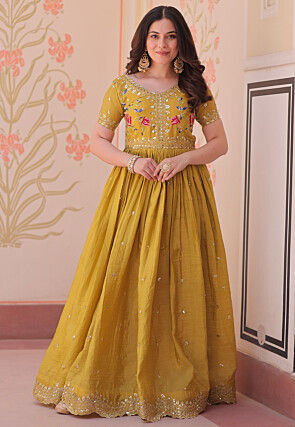 Embroidered Tissue Silk Gown in Mustard