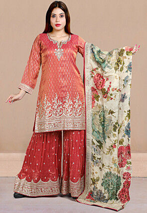 Embroidered Tissue Silk Jacquard Pakistani Suit in Rust