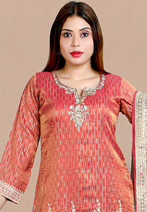 Embroidered Tissue Silk Jacquard Pakistani Suit in Rust
