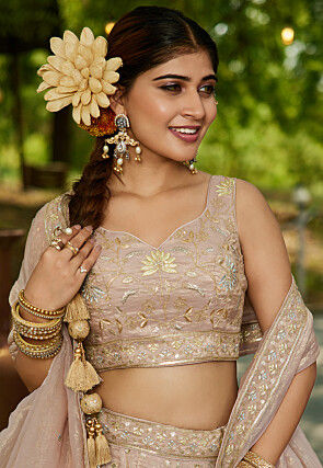 Embroidered Tissue Silk Lehenga in Beige