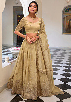 Embroidered Tissue Silk Lehenga in Beige
