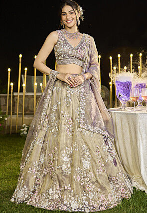 Embroidered Tissue Silk Lehenga in Beige