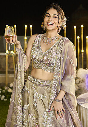Embroidered Tissue Silk Lehenga in Beige