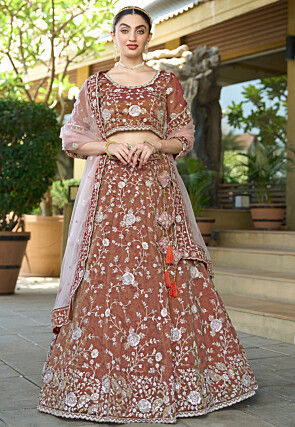 Embroidered Tissue Silk Lehenga in Brown