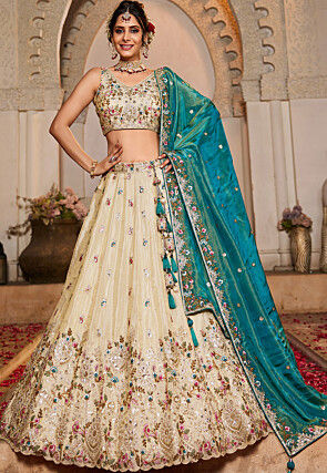Embroidered Tissue Silk Lehenga in Cream