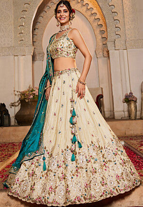 Embroidered Tissue Silk Lehenga in Cream
