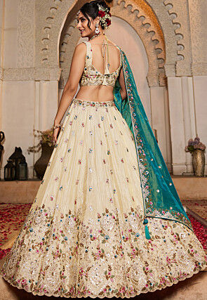 Embroidered Tissue Silk Lehenga in Cream