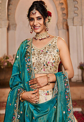 Embroidered Tissue Silk Lehenga in Cream