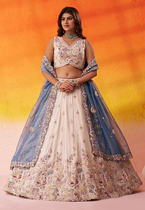 Embroidered Tissue Silk Lehenga in Cream
