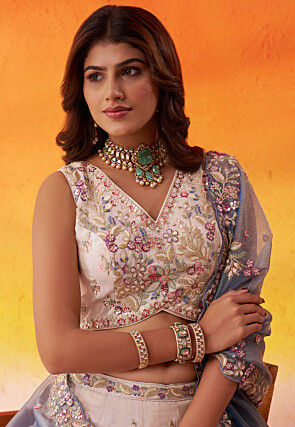 Embroidered Tissue Silk Lehenga in Cream