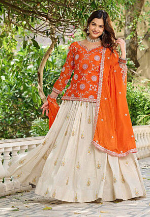 Embroidered Tissue Silk Lehenga in Cream