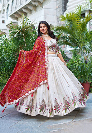 Embroidered Tissue Silk Lehenga in Cream