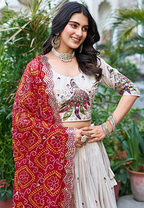 Embroidered Tissue Silk Lehenga in Cream