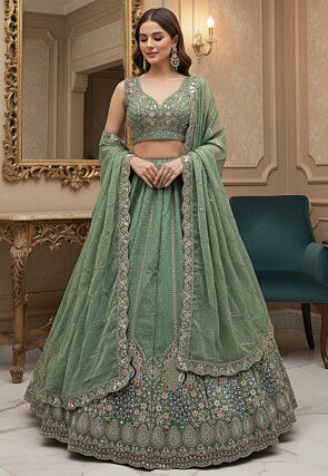 Embroidered Tissue Silk Lehenga in Green