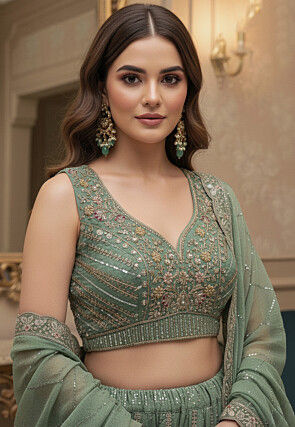 Embroidered Tissue Silk Lehenga in Green