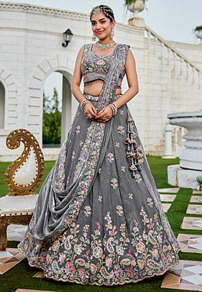 Embroidered Tissue Silk Lehenga in Grey