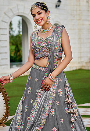 Embroidered Tissue Silk Lehenga in Grey