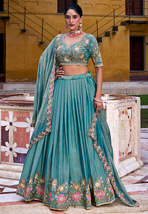 Embroidered Tissue Silk Lehenga in Light Blue