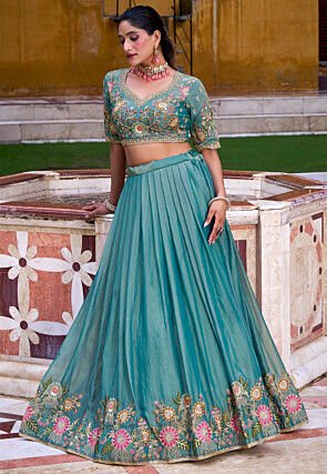 Embroidered Tissue Silk Lehenga in Light Blue
