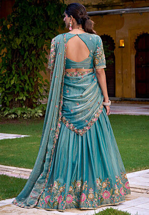 Embroidered Tissue Silk Lehenga in Light Blue