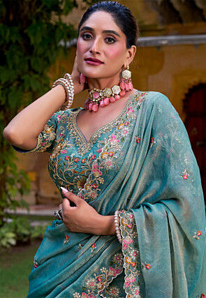 Embroidered Tissue Silk Lehenga in Light Blue