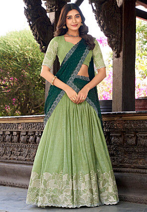 Embroidered Tissue Silk Lehenga in Light Green