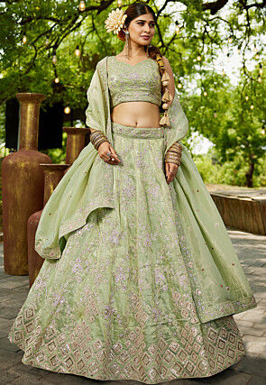 Embroidered Tissue Silk Lehenga in Light Green