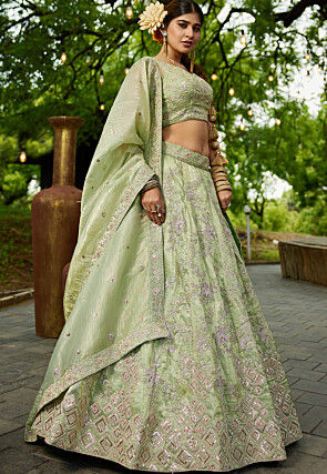 Embroidered Tissue Silk Lehenga in Light Green