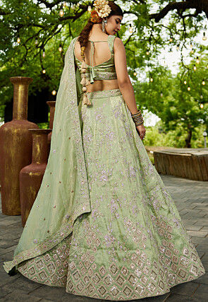 Embroidered Tissue Silk Lehenga in Light Green