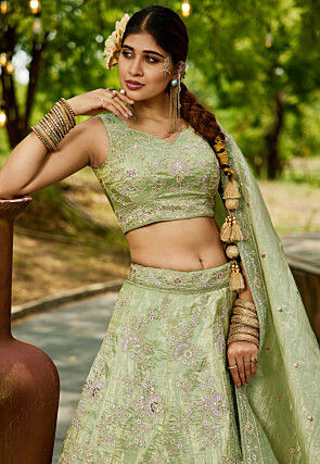 Embroidered Tissue Silk Lehenga in Light Green