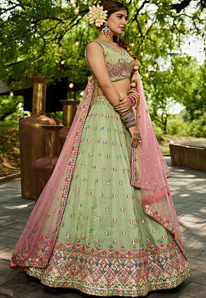 Embroidered Tissue Silk Lehenga in Light Green